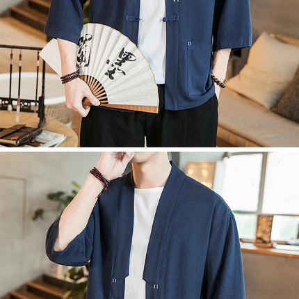 Kimono Camicia da uomo Samurai giapponese Cardigan tinta unita retrò Stile cinese Cotone Lino Yukata Haori Cappotto da uomo allentato Streetwear
