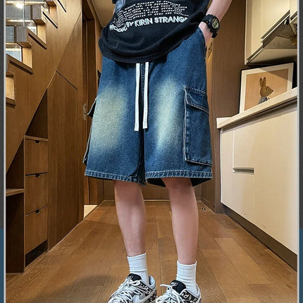 Pantaloncini di jeans cargo da uomo estivi Baggy dritti Moda Casual Pantaloni corti a gamba larga Tasca grande Jeans corti per vacanze al mare Uomo
