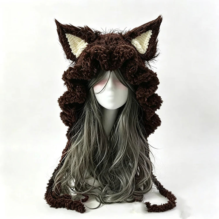 Custom Hand‑Crocheted Black Red Fox Ear Hood Women Soft Knitted Long Ties Beanie Gothic Unisex Dark Fairy Winter Warm Accessory
