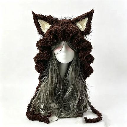 Custom Hand‑Crocheted Black Red Fox Ear Hood Women Soft Knitted Long Ties Beanie Gothic Unisex Dark Fairy Winter Warm Accessory