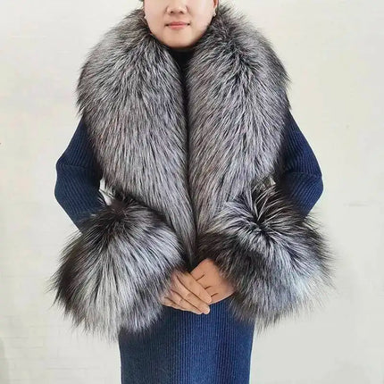Real Fur Collar And Cuffs Set Winter Coat Accessories Women Fluffy Large Fur Shawl Neak Warm Fox Fur Scarf Furry Scarves Female