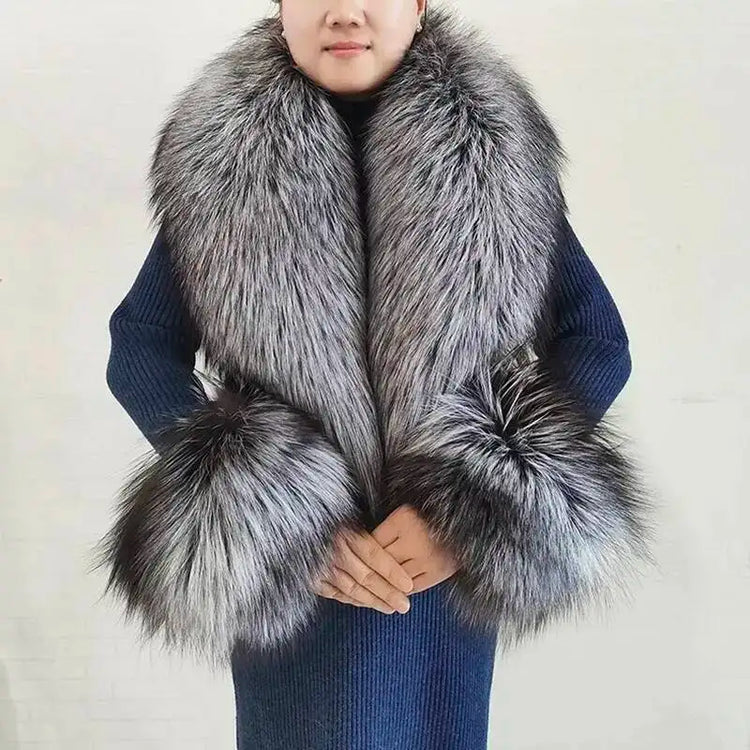 Real Fur Collar And Cuffs Set Winter Coat Accessories Women Fluffy Large Fur Shawl Neak Warm Fox Fur Scarf Furry Scarves Female