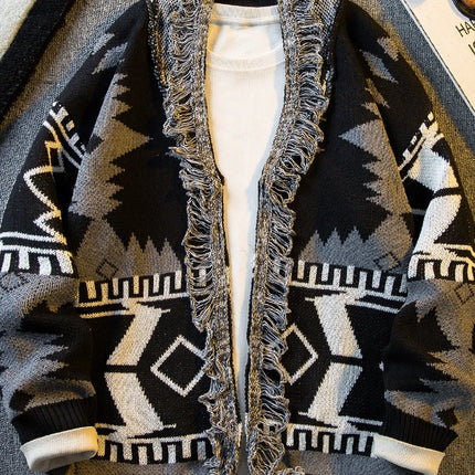 Autumn Ethnic Style V-neck Knitted Cardigan Sweater Men's Loose Casual High Street Personalized Knitted Jackets Male Clothes