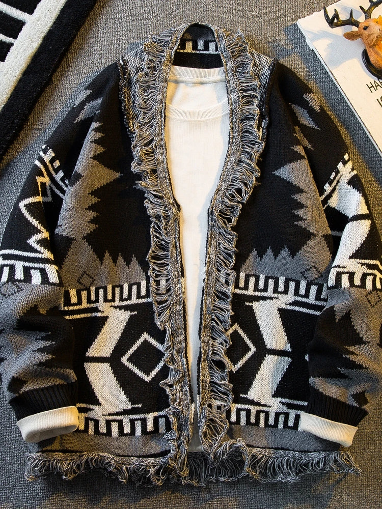 Autumn Ethnic Style V-neck Knitted Cardigan Sweater Men's Loose Casual High Street Personalized Knitted Jackets Male Clothes