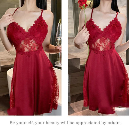 2025 nuova camicia da notte sexy canotta da donna in pizzo indumenti da notte per la casa in raso con scollo a V profondo backless canotta di lusso indumenti da notte plus size rosso nero