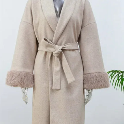 Retro Black Fur Patchwork Woolen Coat Women Chic Full Sleeve V-neck Lace Up Loose Long Overcoat 2025 Lady Winter Commute Outwear