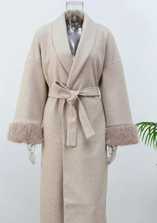 Retro Black Fur Patchwork Woolen Coat Women Chic Full Sleeve V-neck Lace Up Loose Long Overcoat 2025 Lady Winter Commute Outwear