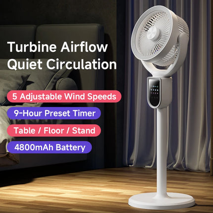 Ventilatore Circolatore d'Aria Moderno 3-in-1 con Motore Brushless da 4800mAh, 5 Velocità e Timer 9H, Ventilatore da Terra e da Tavolo per Casa, Camera da Letto, Ufficio