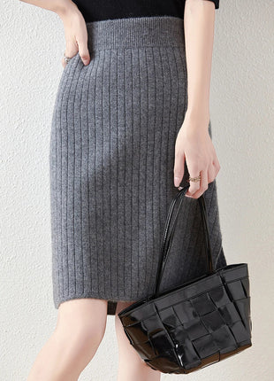 Autumn Winter Women Wool Skirt Elastic Waist Mini Slim Fit Cashmere Skirts 100% Merino Wool Knitted Office Lady Above Knee Dress PlatiNum