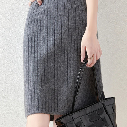 Autumn Winter Women Wool Skirt Elastic Waist Mini Slim Fit Cashmere Skirts 100% Merino Wool Knitted Office Lady Above Knee Dress PlatiNum