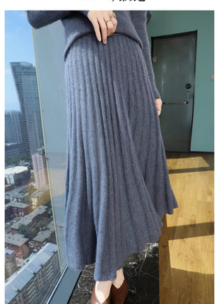 Autumn And Winter Fashion Mink Cashmere Mid Length High Waist Skirt For Women, Knitted Umbrella Skirt, Fashionable Pleated Skirt PlatiNum