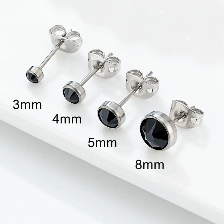 Orecchini Ipoallergenici in Titanio G23 per Uomo e Donna, con Cristalli Neri, 3mm 4mm 5mm 8mm platinumshop