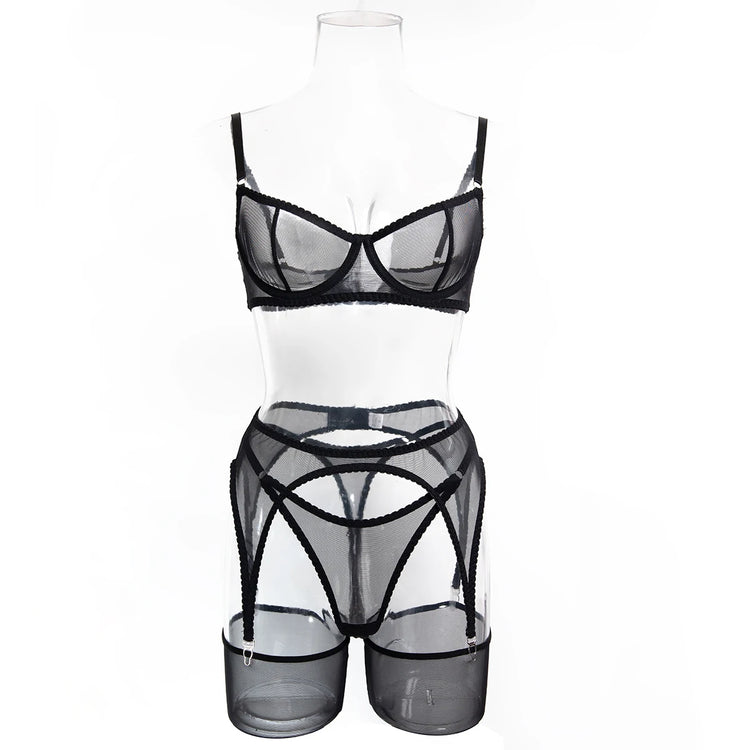 Krasapt Sexy Mesh See Through Lingerie 4 Piece Sets Woman Sheer Push Up Bras And Panties Garter Suits Erotic Intimate Outfits