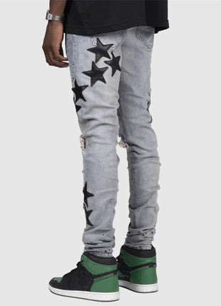 Vintage Star Print Stretch Punk Style Ripped Jeans Men's Streetwear Fashion Pocket Male Youth Daily Casual Denim Pencil Pants PlatiNum
