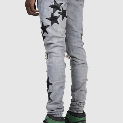 Vintage Star Print Stretch Punk Style Ripped Jeans Men's Streetwear Fashion Pocket Male Youth Daily Casual Denim Pencil Pants PlatiNum