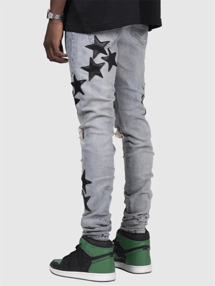 Vintage Star Print Stretch Punk Style Ripped Jeans Men's Streetwear Fashion Pocket Male Youth Daily Casual Denim Pencil Pants PlatiNum