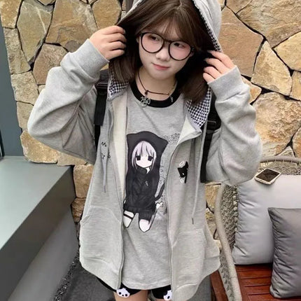 Ropa Mujer Japanese Cute Hoodies Coats Cute Cat Print Hooded Sweatshirts Y2K Tops Women Clothing Casual Zipper Loose Hoodie