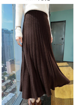 Autumn And Winter Fashion Mink Cashmere Mid Length High Waist Skirt For Women, Knitted Umbrella Skirt, Fashionable Pleated Skirt PlatiNum