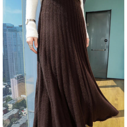 Autumn And Winter Fashion Mink Cashmere Mid Length High Waist Skirt For Women, Knitted Umbrella Skirt, Fashionable Pleated Skirt PlatiNum