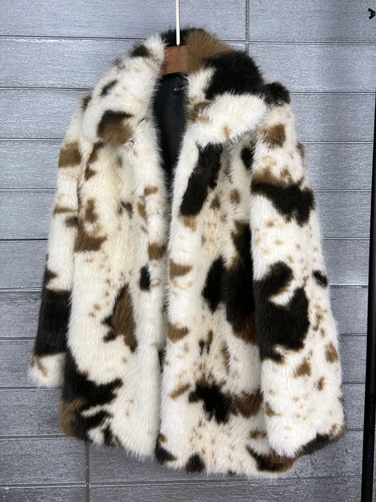 ZADORIN 2026 Chic Mid Long Cow Pattern Fluffy Faux Fur Coat Woman Lapel Loose Winter Fur Coats Woman Furry Jacket Fur Faux Coat