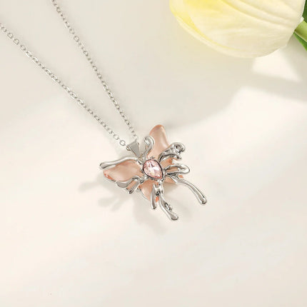 Y2K Sweet Cool Liquid Pink Butterfly Pendant Necklace Female Pink Zircon Water Drop Versatile Necklace Summer New Jewelry PlatiNum