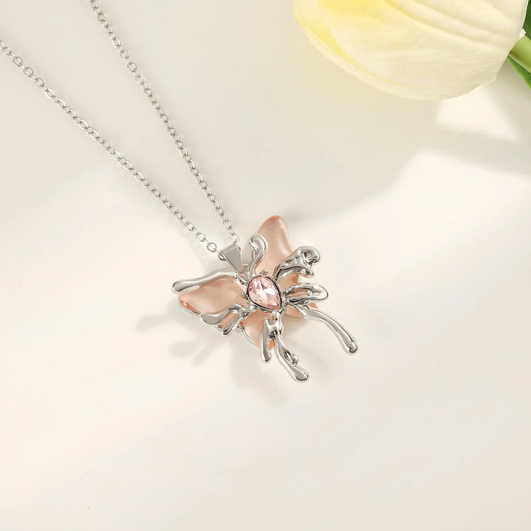 Y2K Sweet Cool Liquid Pink Butterfly Pendant Necklace Female Pink Zircon Water Drop Versatile Necklace Summer New Jewelry PlatiNum