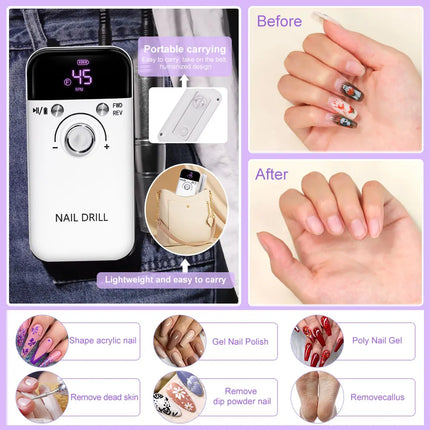 LIMEGIRL 45000RPM Electric Nail Drill Polisher Rechargeable Portable Electric Nail File Machine Kit for Home Acrylic Gel Nails Polishing