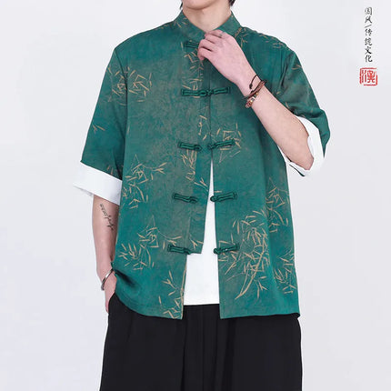 Camicie da uomo estive di lusso in jacquard con foglie di bambù, camicia a maniche corte da uomo in stile cinese tradizionale, camicia casual da uomo per Kung Fu e Tai Chi