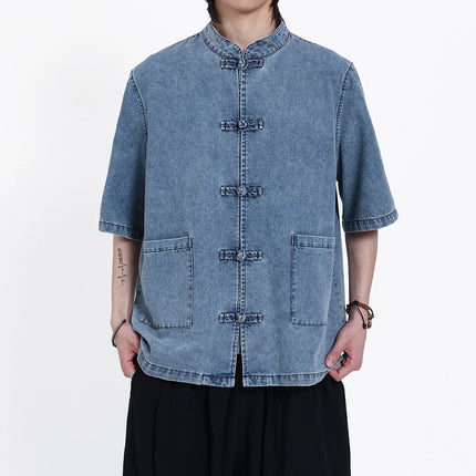 Nuove Giacche in Denim Estive Uomo/Donna Stile Cinese Vintage Lavato Camicie Personalizzate Uomo Kung Fu Casual Baggy Cotone Giacca Tang