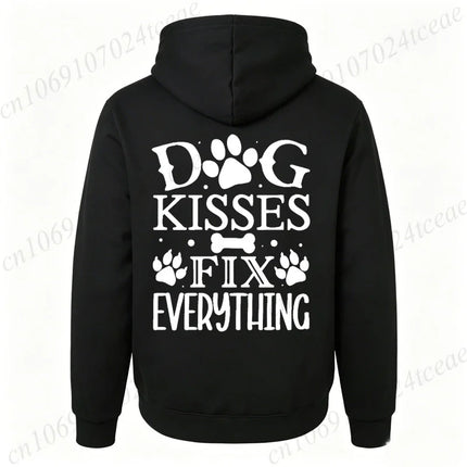 Dog Lover Hoodies Funny Quote "Dog Kisses Fix Everything" Pet Paw Print Graphic Sweatshirts Long Sleeve Hoody Autumn Hoodie Gift