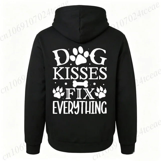 Dog Lover Hoodies Funny Quote "Dog Kisses Fix Everything" Pet Paw Print Graphic Sweatshirts Long Sleeve Hoody Autumn Hoodie Gift