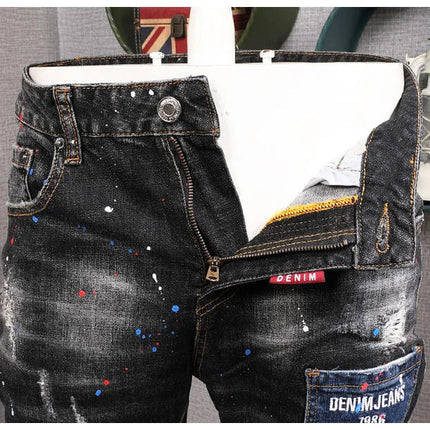 Fashion Streetwear Men Jeans Retro Black Blue Elastic Slim Fit Ripped Jeans Men Spliced Designer Embroidery Hip Hop Denim Pants PlatiNum