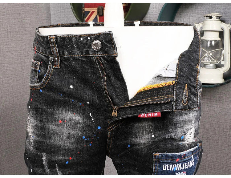 Fashion Streetwear Men Jeans Retro Black Blue Elastic Slim Fit Ripped Jeans Men Spliced Designer Embroidery Hip Hop Denim Pants PlatiNum