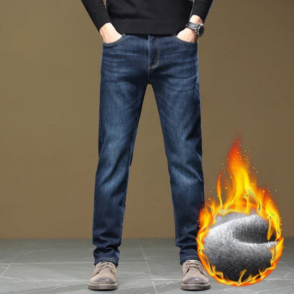 Autumn Winter Men Fleece Jeans Slight‑stretch Slim Straight Washed Thick Warm Denim Pants Luxury Outdoor Commute Casual Trousers