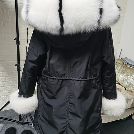 Winter Long Jacket Real Fur Coat Women Clothes Large Silver Fox Fur Collar Detachable Natural Fox Lining Parkas Leather Fur