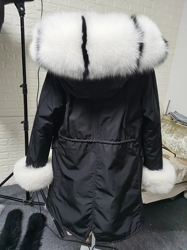 Winter Long Jacket Real Fur Coat Women Clothes Large Silver Fox Fur Collar Detachable Natural Fox Lining Parkas Leather Fur