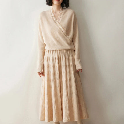 Women Cashmere Skirt A-Line Jacquard Elastic Waist Flared Skirt Autumn Winter 100% Cashmere Knitted Office Lady Curled Hem Dress PlatiNum