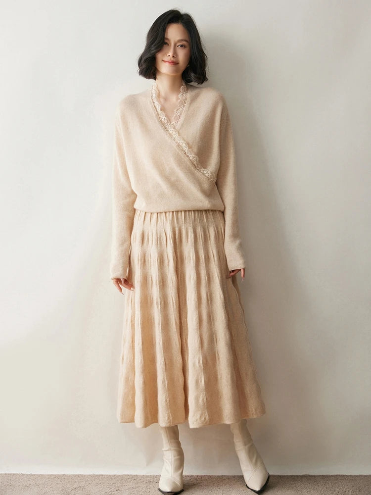 Women Cashmere Skirt A-Line Jacquard Elastic Waist Flared Skirt Autumn Winter 100% Cashmere Knitted Office Lady Curled Hem Dress PlatiNum