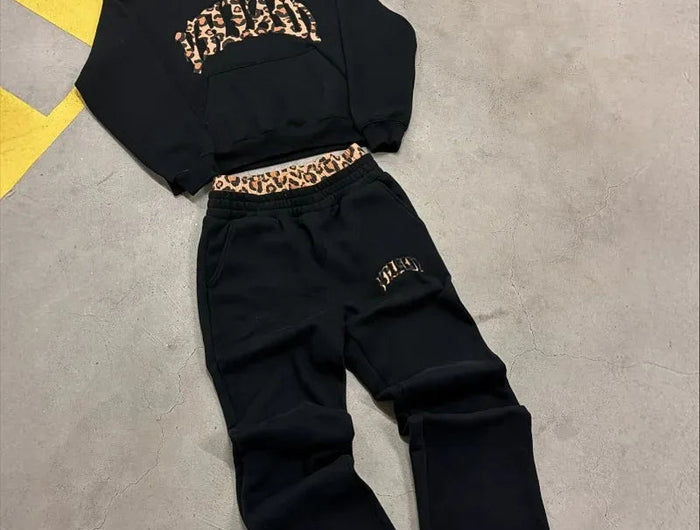 High street fashion leopard print letter embroidered men sportswear suit Y2K American casual retro hoodie trend loose clothing PlatiNum