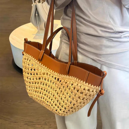 Women's 2-in-1 Woven Straw Bag Underarm Straw Bag with Adjustable Strap Large Capacity Dumpling Shoulder Bag for Summer Beach Bucket Bag