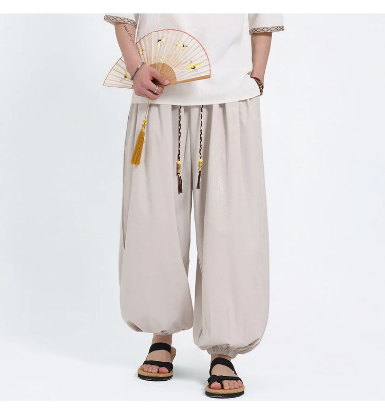 Pantaloni Estivi da Uomo Stile Cinese in Seta Ghiaccio con Motivo Drago Ukiyo-e, Comodi e Trendy, Pantaloni Casual Oversize da Uomo