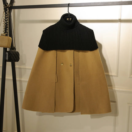 French Elegant Temperament Socialite Knitted Splicing High Neck Double-breasted Fashion Versatile Woolen Cloak Jacket Coat Women