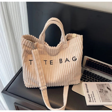 Large Capacity Striped Velvet Handbag Shoulder Bag for Woman Handbags Crossbody Bags, Versatile Letter Corduroy Women's Tote Bag PlatiNum