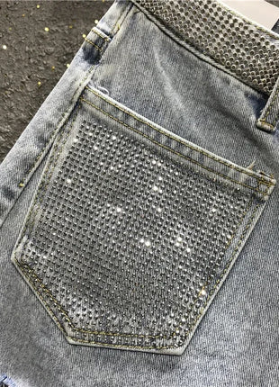 Pantaloncini di jeans bianchi blu irregolari strappati con nappe con strass a vita alta da donna estivi Pantaloncini di jeans coreani da donna