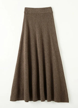 Chic New Women 100% Merino Wool Knitted A Line Skirt Solid Color Autumn Winter High Waist Preppy Style Soft Wool Midi Skirt PlatiNum