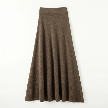 Chic New Women 100% Merino Wool Knitted A Line Skirt Solid Color Autumn Winter High Waist Preppy Style Soft Wool Midi Skirt PlatiNum
