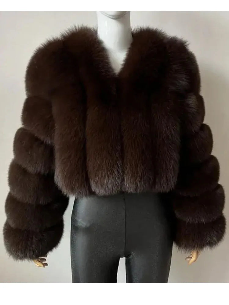 ZADORIN Luxury Cropped White Faux Fox Fur Coat Woman Clothing V Neck Long Sleeve Winter Fluffy Faux Fur Jacket Fur Coats Woman