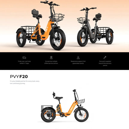 Triciclo Elettrico con Pneumatici Fat da 20*4.0 Pollici, E-bike da Carico PVY F20 con Robusto Cesto Posteriore, Motore da 1000W, Coppia di 80N.M, Forcella Ammortizzata Bloccabile, Carico Massimo 150kg