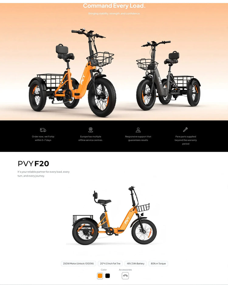 Triciclo Elettrico con Pneumatici Fat da 20*4.0 Pollici, E-bike da Carico PVY F20 con Robusto Cesto Posteriore, Motore da 1000W, Coppia di 80N.M, Forcella Ammortizzata Bloccabile, Carico Massimo 150kg