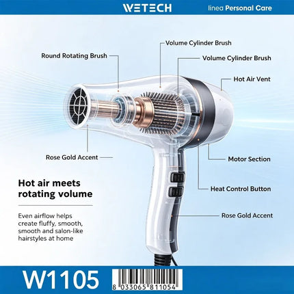 WETECH 2000W Professional Negative Ionic Hair Dryer Adjustable Temperature Speed Blow Dryer With Concentrator Nozzle Home Salon Hair Styling Tool 100-240V Dual Voltage